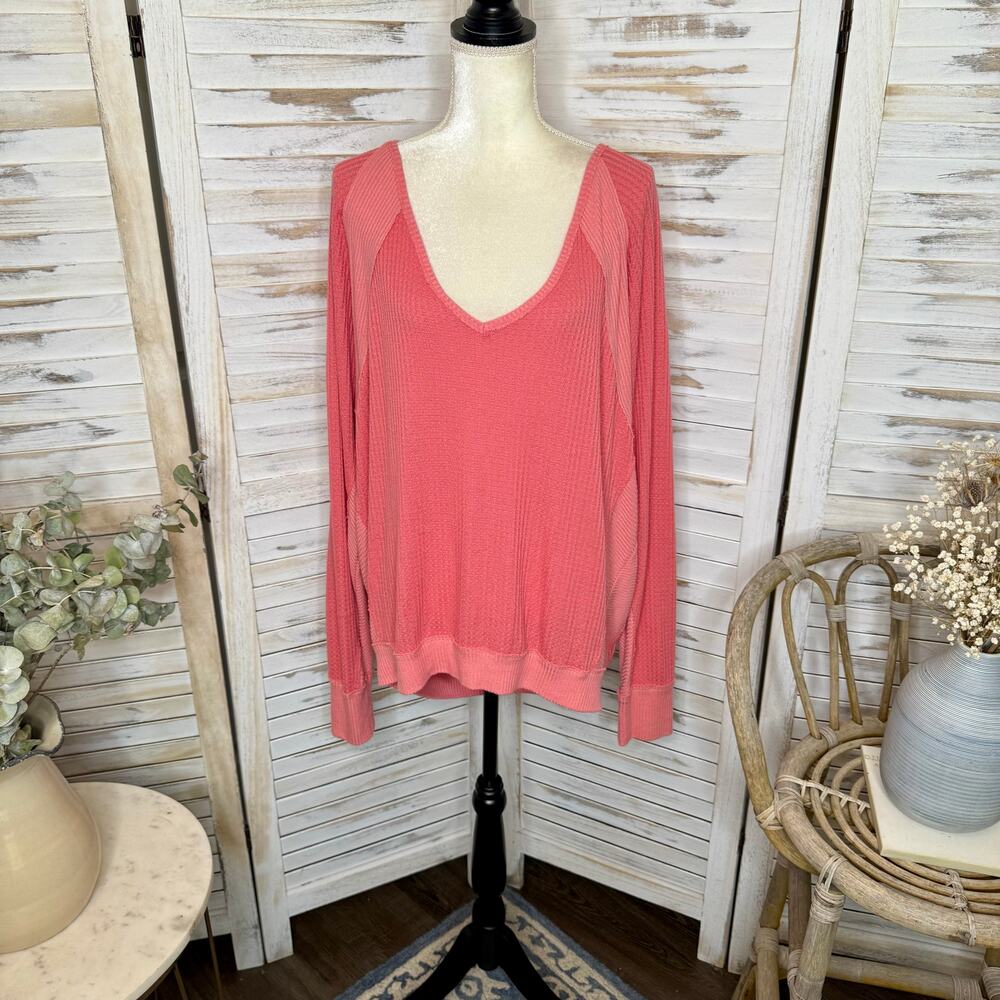 FREE PEOPLE Women's Large Santa Clara Oversized V Neck Thermal Sweater Top Pink - Picture 11 of 14
